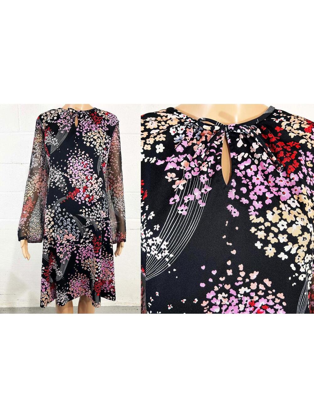 Floral Dress Sheer Sleeves Damon Black Bishop Midi Wedding Bridesmaid 1970s 2XL